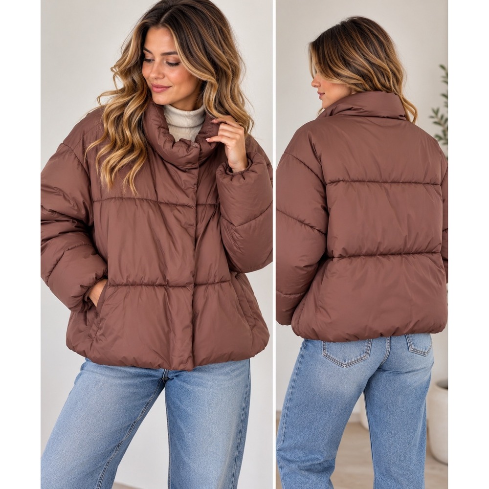 Old Navy Puffer Jacket Womens XXL Brown Excellent Quilted Funnel Neck Zip Snap